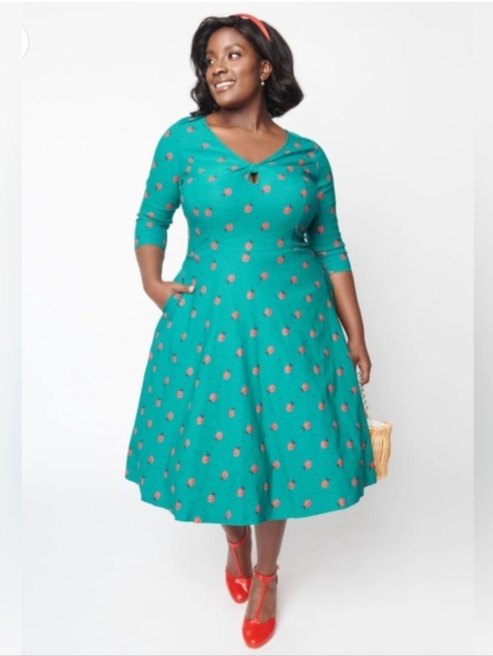 Unique Vintage TealW Ladybug & Pin Dot Keyhole Neck Swing Dress – XL / 14 – EUC